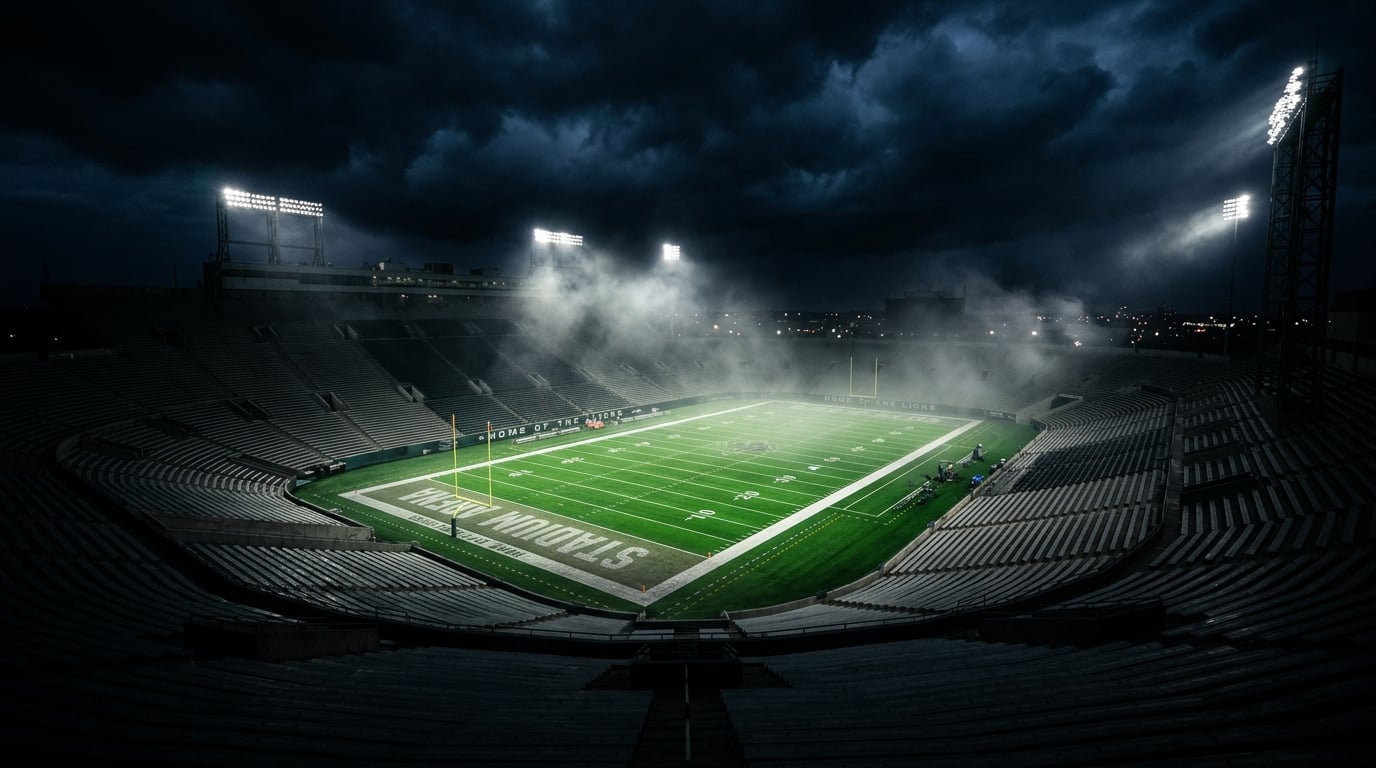 Dramatic football stadium at night with green field and atmospheric lighting